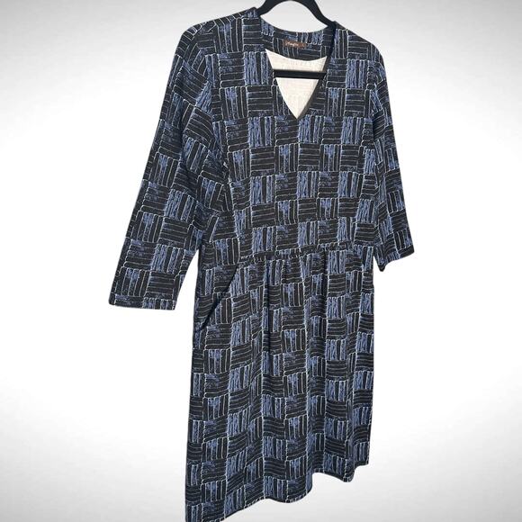 J. McLaughlin Size L V-Neck Sheath Dress Blue Black Abstract Check Print Stretch - Picture 3 of 8